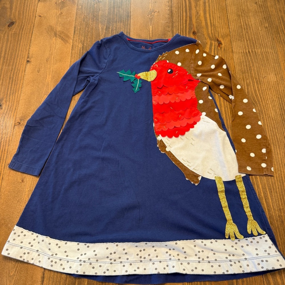 Mini Boden Robin Bird Dress Size 8-9y Blue Long Sleeve Applique Cotton Jersey
